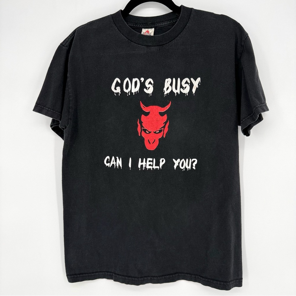 Y2K Vintage Satan “God’s busy” Black Shirt Size Medium Goth Alternative